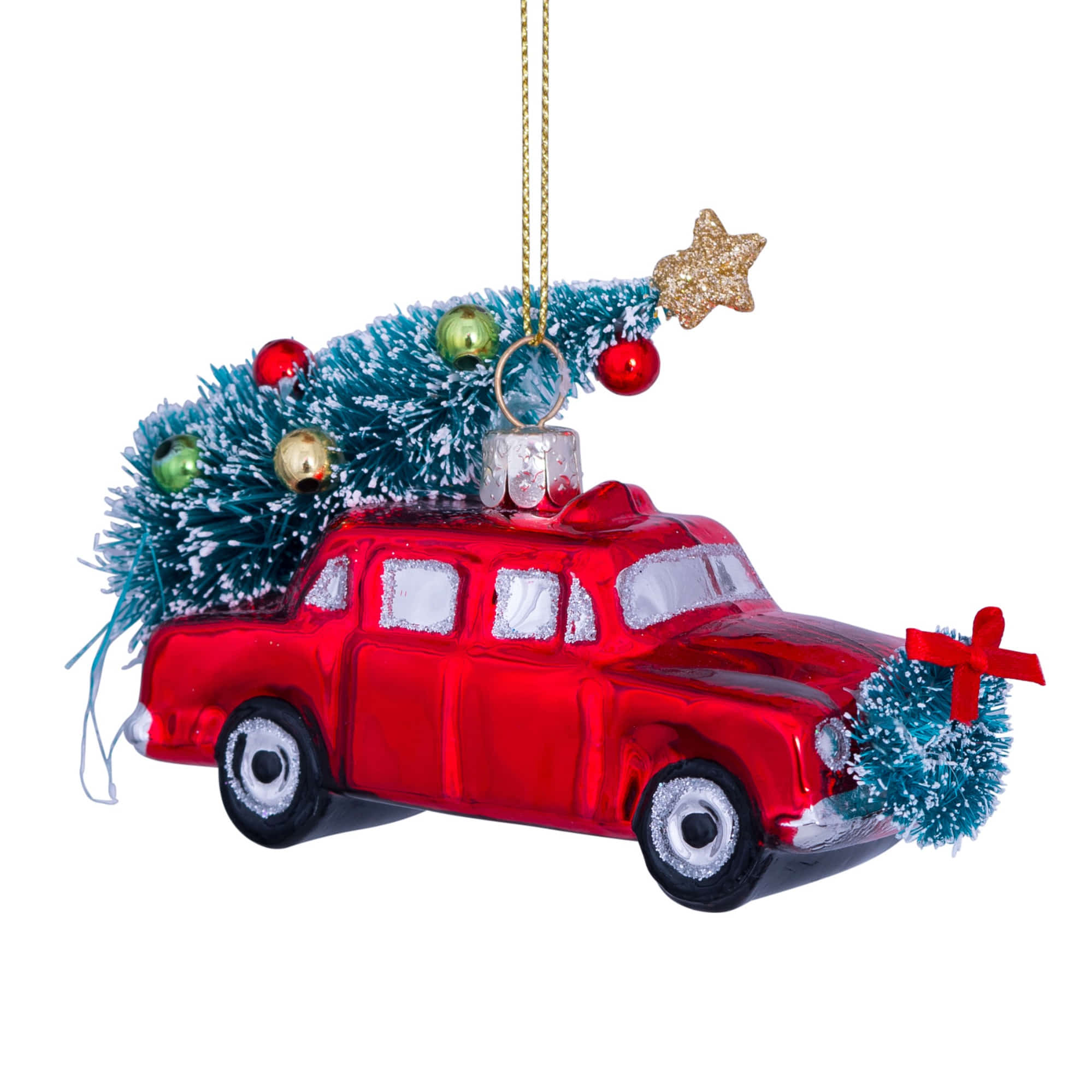 VONDELS Ornament Glass Red Car with Christmas Tree