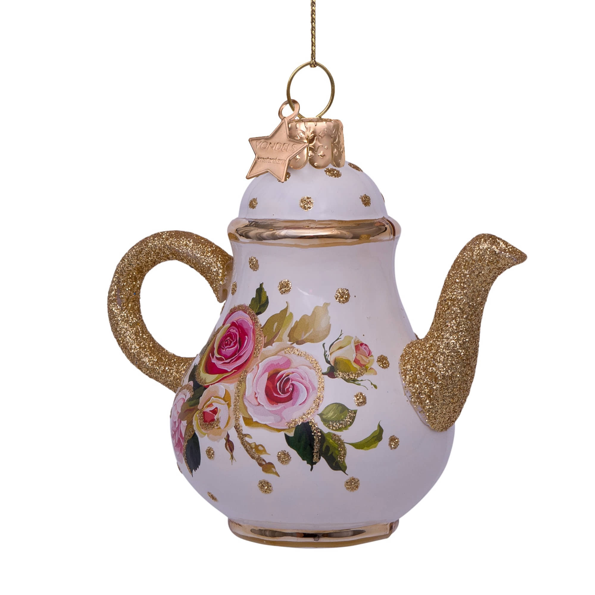 VONDELS Ornament Glass White Tea Pot with Flower Print